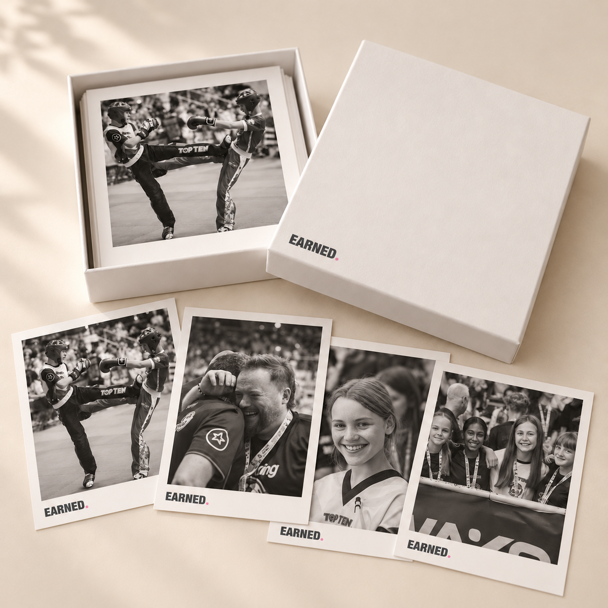 EARNED. keepsake box with kickboxing photographs