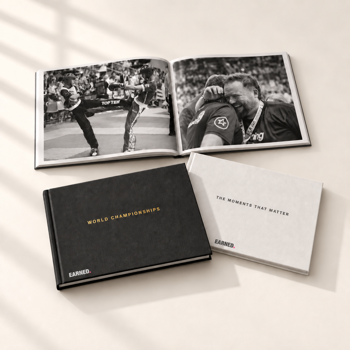 Black and white EARNED. photobooks with fight photography