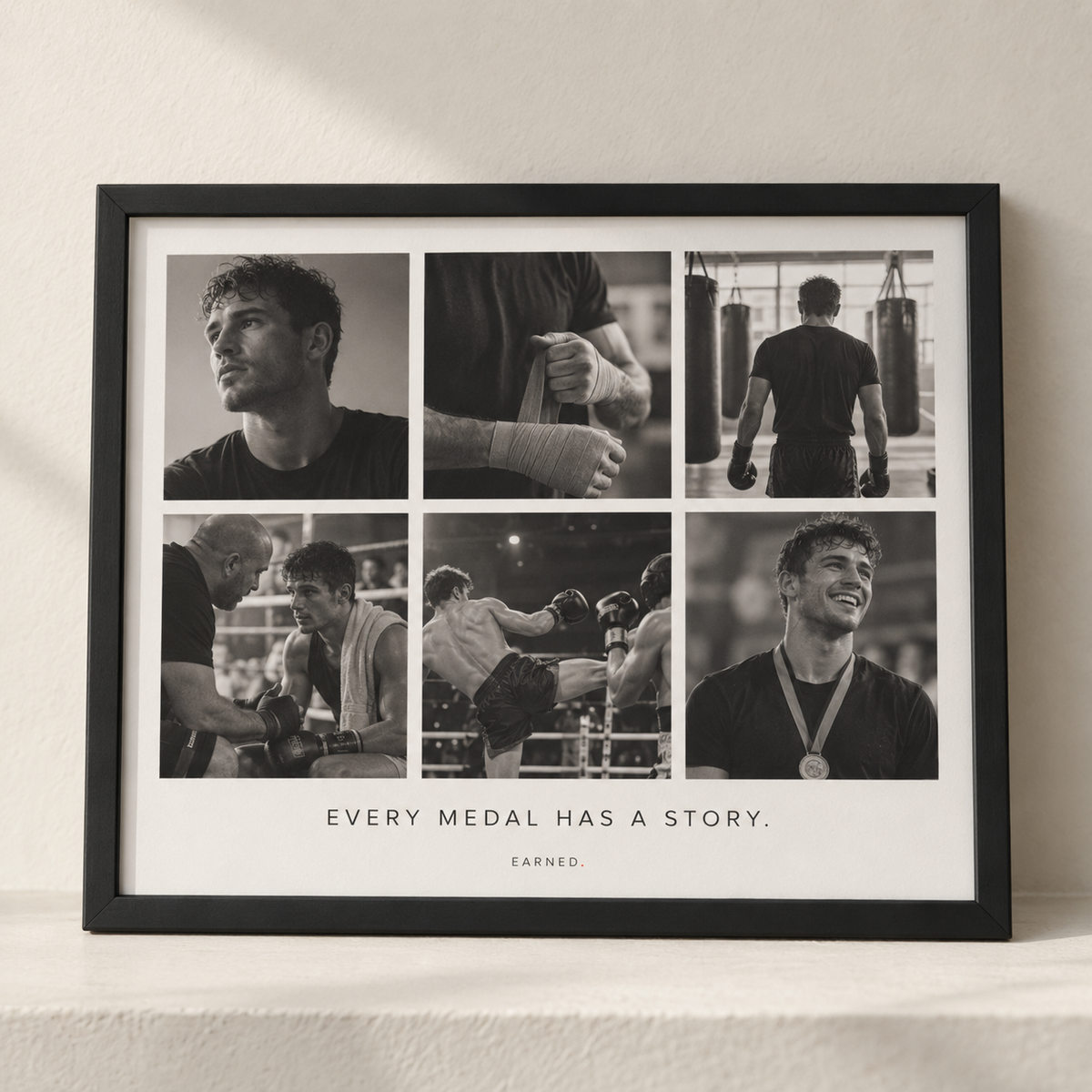 EARNED. black framed six-photo kickboxing collage