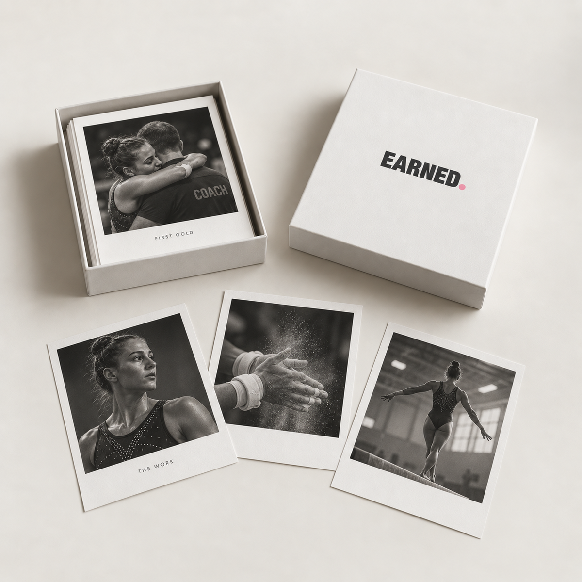 EARNED. keepsake photo box with gymnastics retro prints and charcoal and pink logo